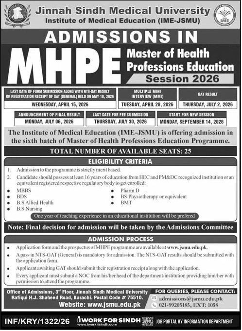 Admission Open in Jinnah Sindh Medical University Karachi Admissions 2026 — original advertisement