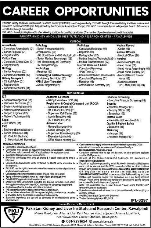 Pakistan Kidney and Liver Institute  Jobs 2026 – Pakistan Kidney And Liver Institute (PKLI) And Research Centre Lahore Jobs 2026 — original advertisement