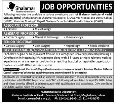 Shalamar Institute of Health Sciences Lahore Jobs 2026 Jobs 2026 — original advertisement