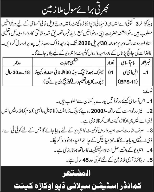 Station Supply Depot Okara Cantt Job 2026 – Pakistan Army Jobs 2026 — original advertisement