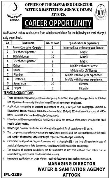 Water And Sanitation Agency WASA Attock Jobs 2026 – Water and Sanitation Agency (LDA) Lahore Jobs 2026 — original advertisement