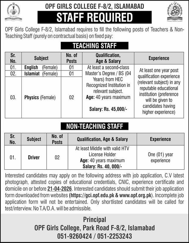 Opf Girls College Islamabad Jobs 2026 – OPF Public School Jobs 2026 — original advertisement