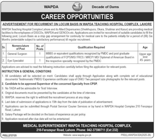 Water and Power Development Authority WAPDA Lahore Jobs 2026 Jobs 2026 — original advertisement
