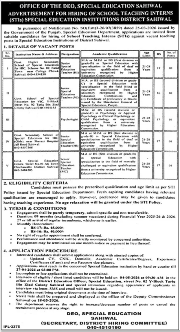 Special Education Department Sahiwal Punjab Jobs 2026 – Special Education Department Punjab Jobs 2026 — original advertisement