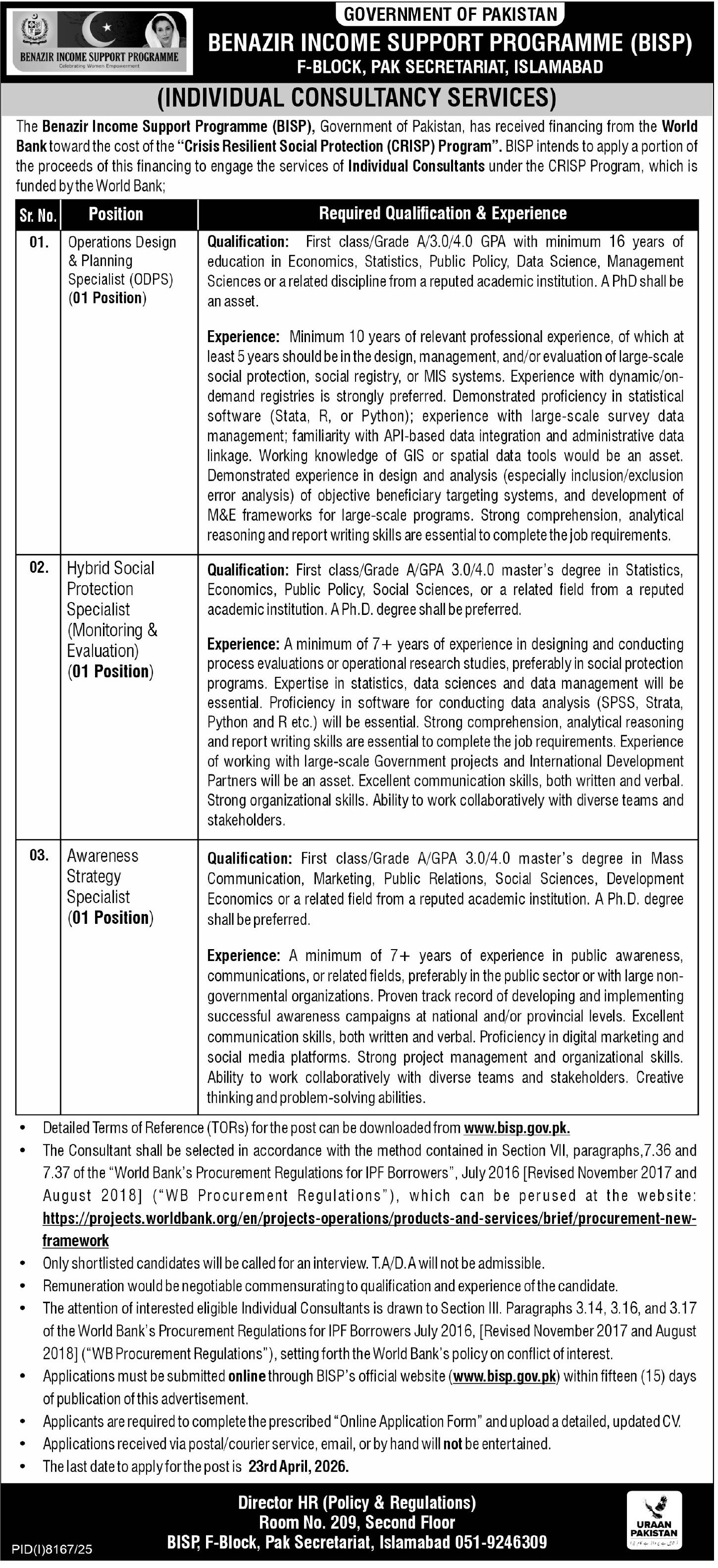 Benazir Income Support Programme BISP Islamabad Jobs 2026 Jobs 2026 — original advertisement
