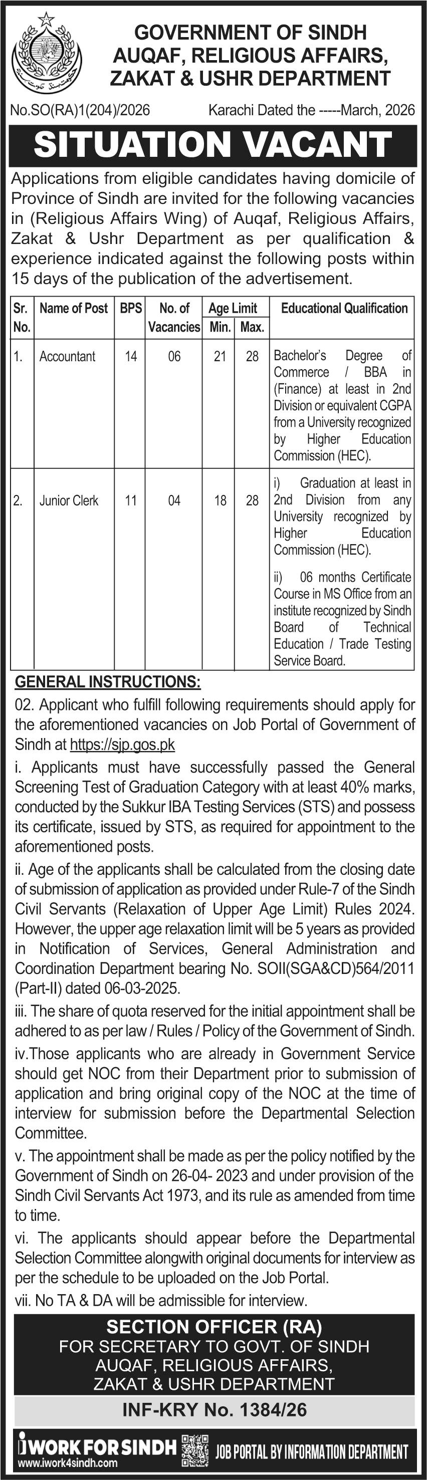 Auqaf Religious Affairs Zakat & Ushr Sindh Jobs 2026 – Auqaf Religious Affairs & Zakat & Ushr Department Jobs 2026 — original advertisement