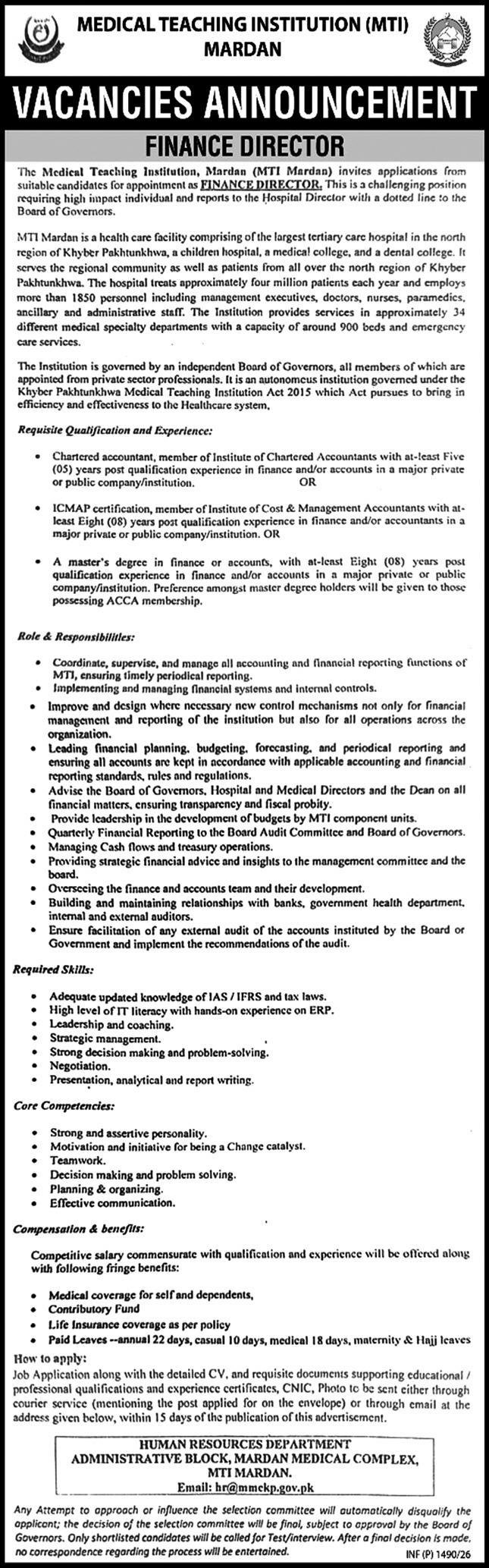 Mardan Medical Complex MTI Jobs 2026 For Finance Director Jobs 2026 — original advertisement