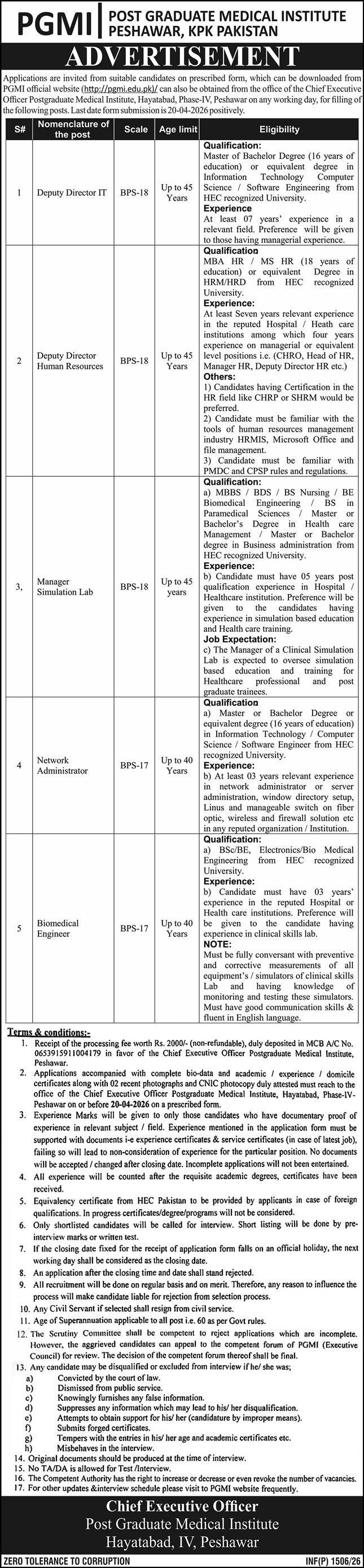 Post Graduate Medical Institute PGMI Peshawar Jobs 2026 Jobs 2026 — original advertisement