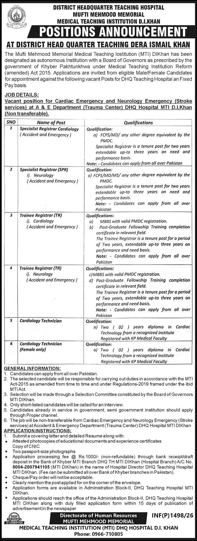 Mufti Mehmood Memorial Medical Teaching Institution MTI Jobs – Mufti Mehmood Memorial Teaching Hospital DI Khan Jobs 2026 — original advertisement