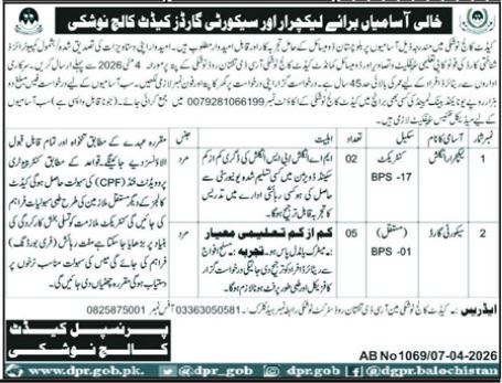 Cadet College Noshki Jobs 2026 For Lecturer – Cadet College Noshki Balochsitan Jobs 2026 — original advertisement