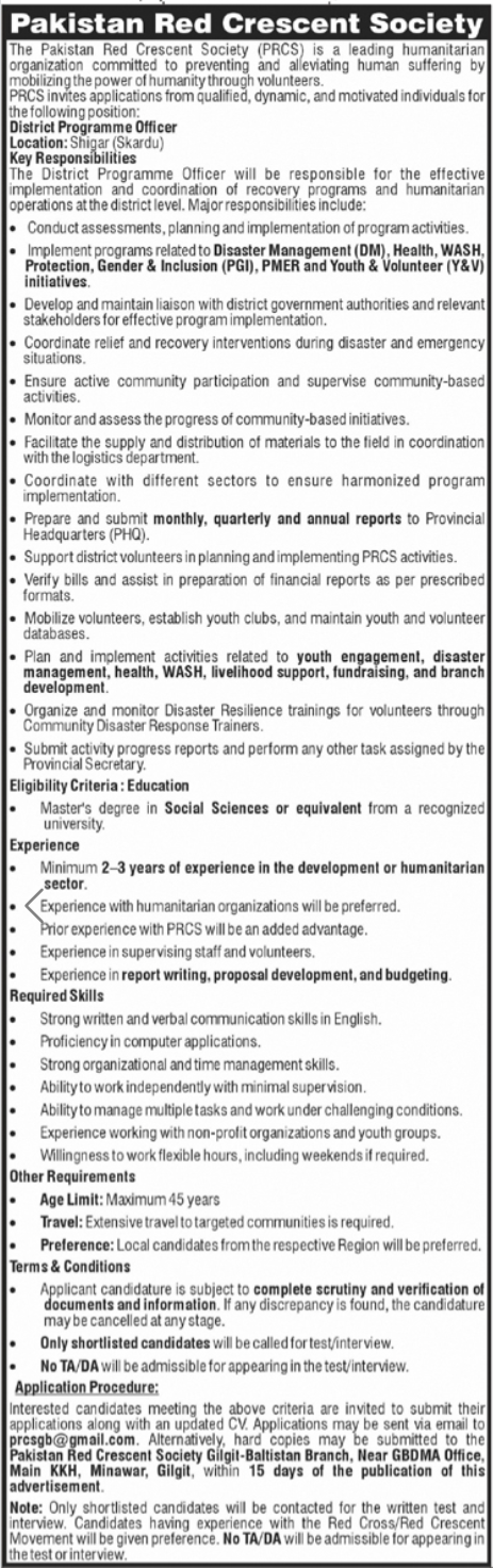 Pakistan Red Crescent Society PRCS Gilgit Jobs 2026 Jobs 2026 — original advertisement