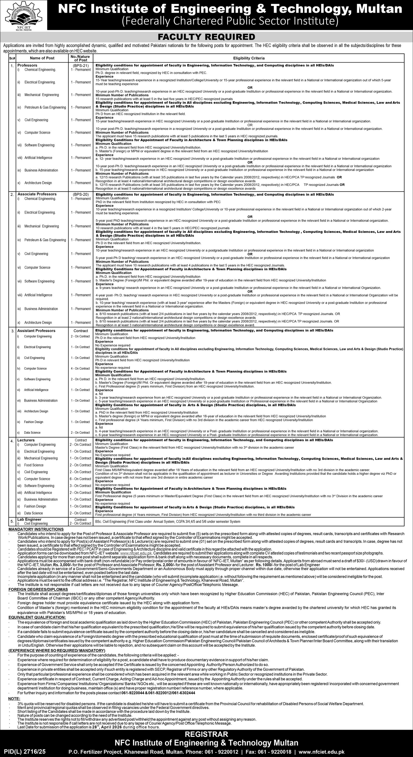 NFC Institute Of Engineering & Technology Jobs 2026 – NFC Institute of Engineering & Technology Multan Jobs 2026 — original advertisement