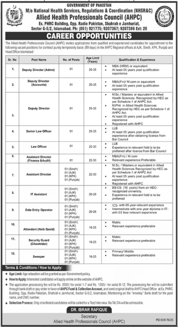 Allied Health Professionals Council Islamabad Jobs 2026 – Subhan Institute of Nursing & Allied Health Sciences Jobs 2026 — original advertisement