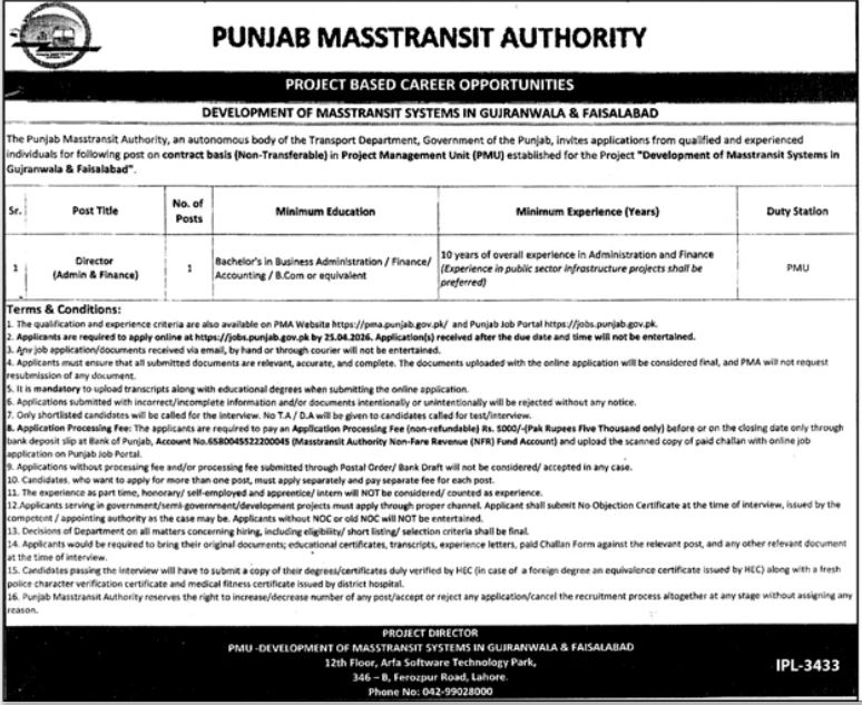 Punjab Masstransit Authority PMA Lahore Job 2026 Jobs 2026 — original advertisement
