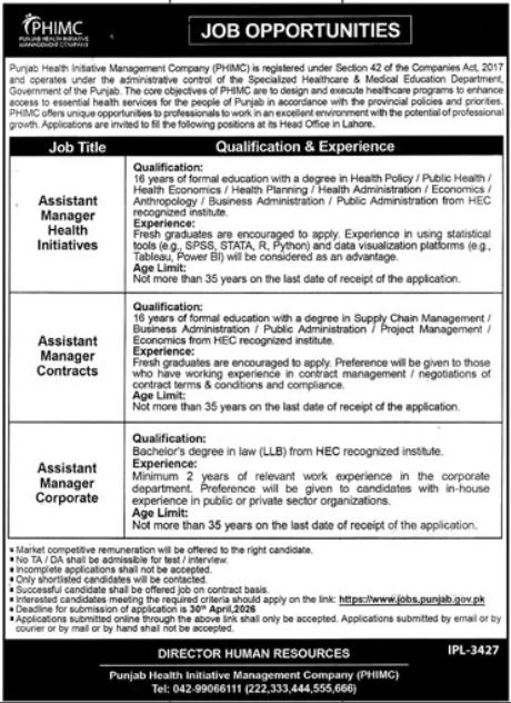 Punjab Health Initiative Management Company PHIMC Lahore Job Jobs 2026 — original advertisement