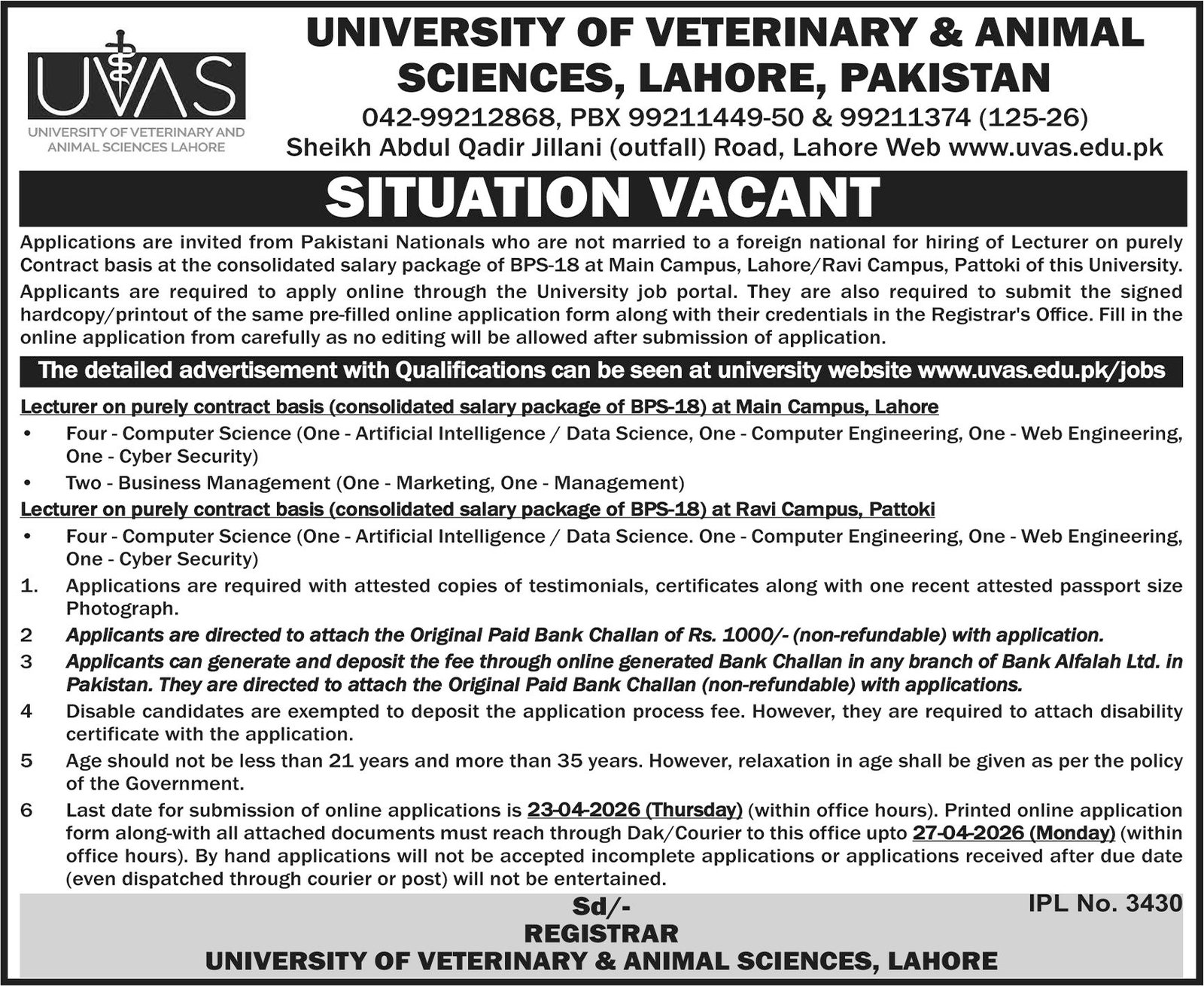 University Of Veterinary & Animal Sciences UVAS Jobs 2026 – University of Veterinary and Animal Sciences Lahore Jobs 2026 — original advertisement