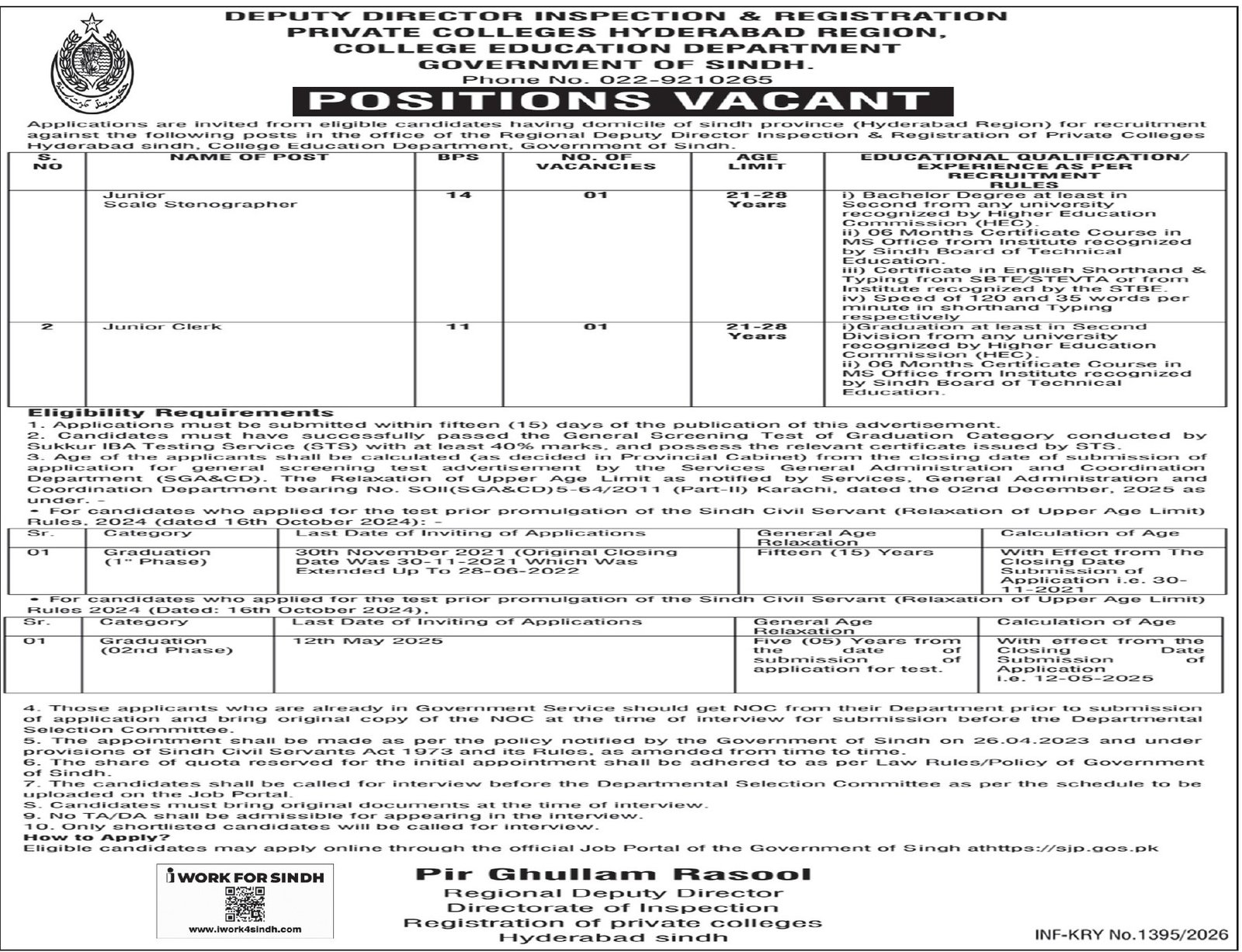 Inspection & Registration Private Colleges Hyderabad Jobs – Chief Minister Inspection Team Karachi Sindh Jobs 2026 — original advertisement