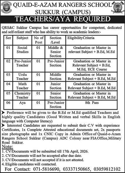 Quaid E Azam Rangers School QRS&C Sukkur Jobs 2026 – Quaid E Azam Rangers School and College Jobs 2026 — original advertisement