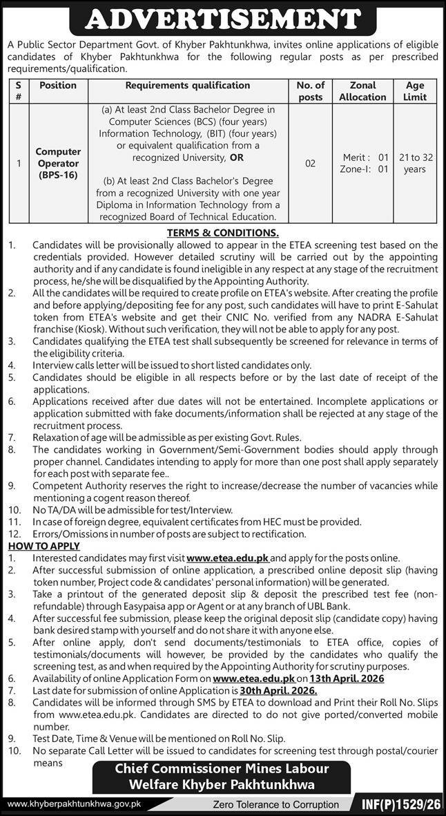 Chief Commissioner Mines Labour Welfare KPK Jobs 2026 – Commissioner Mines Labour Welfare Peshawar Kpk Jobs 2026 — original advertisement