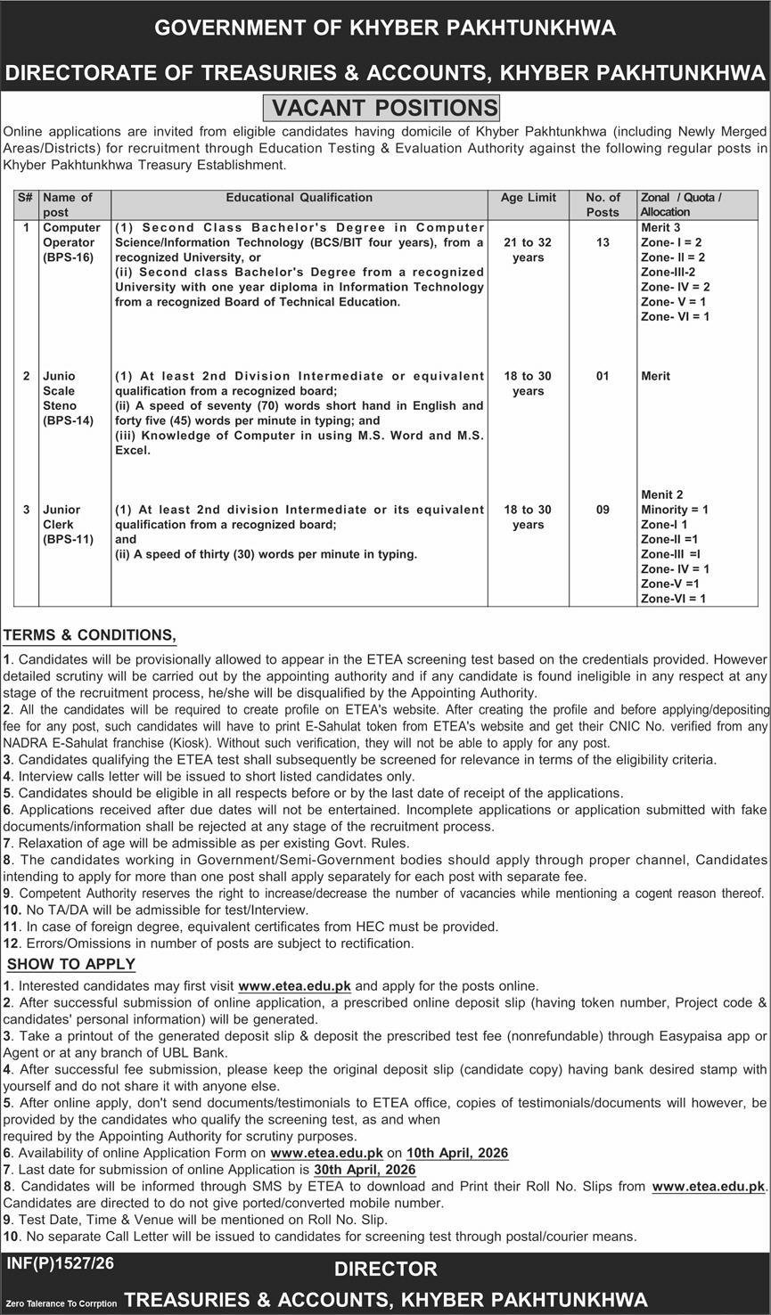 Directorate Of Treasuries & Accounts Khyber Pakhtunkhwa Jobs – Federal Directorate of Education Islamabad Jobs 2026 — original advertisement