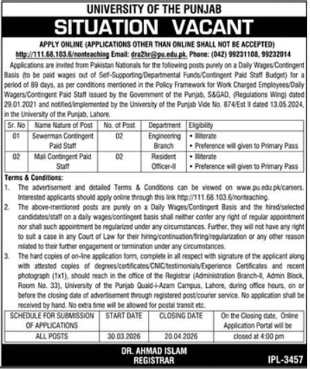 University Of Punjab UOP Lahore Jobs 2026 Jobs 2026 — original advertisement
