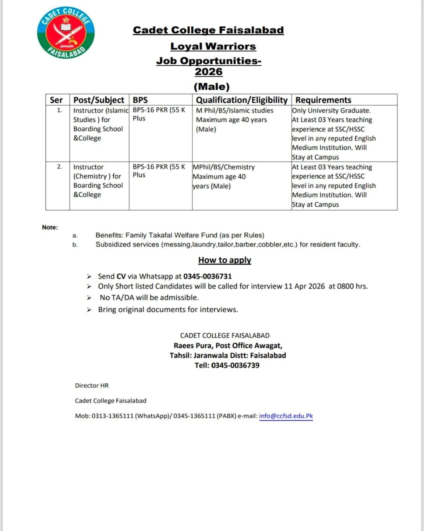 Cadet College Faisalabad Punjab Jobs 2026 Jobs 2026 — original advertisement