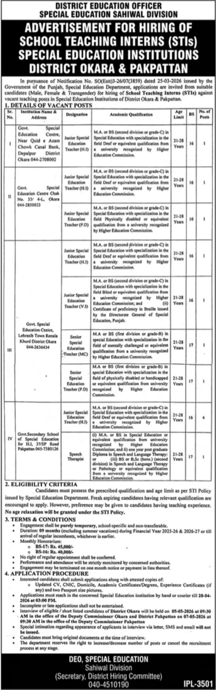 Special Education Institution SEI Sahiwal Jobs 2026 – Special Education Department Punjab Jobs 2026 — original advertisement