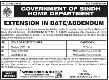 Home Department Sindh Jobs 2026 For Cashier & Driver – Govt of Sindh Jobs 2026 — original advertisement