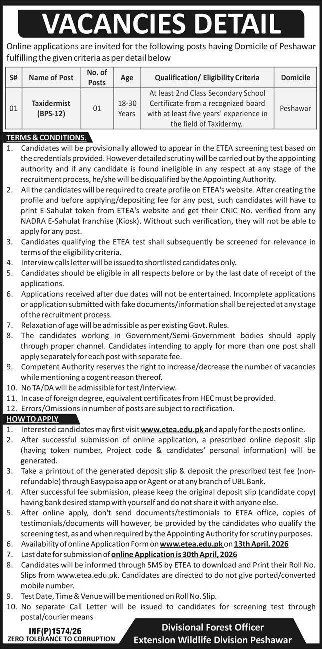 Extension Wildlife Division Peshawar Jobs 2026 – Forestry, Environment & WildLife Department KPK Jobs 2026 — original advertisement