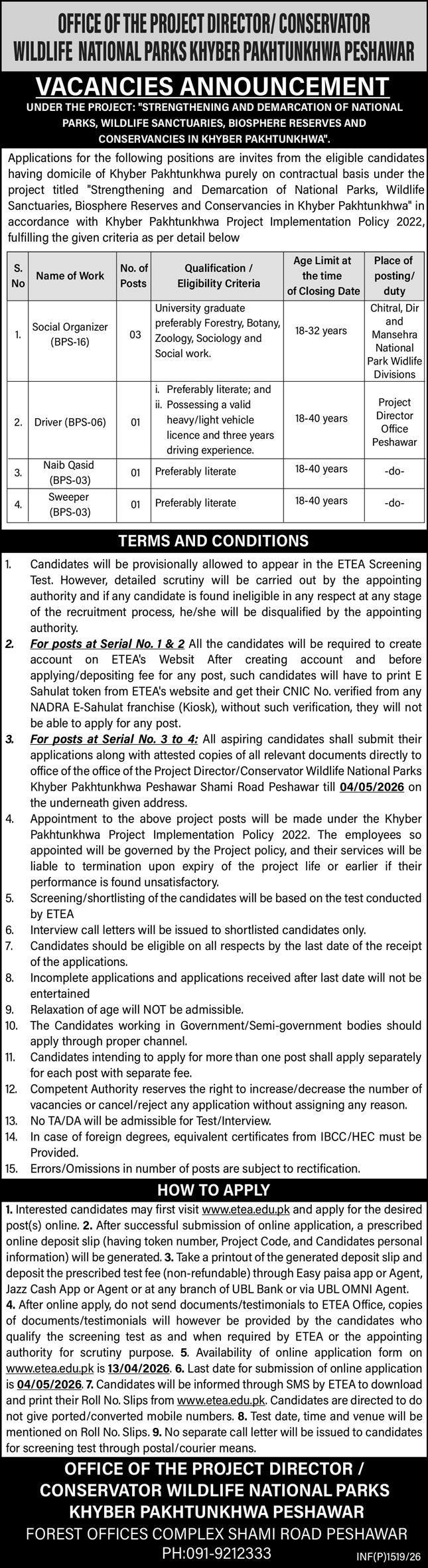 Wildlife National Parks Peshawar Jobs 2026 Social Organizer – Forestry, Environment & WildLife Department KPK Jobs 2026 — original advertisement