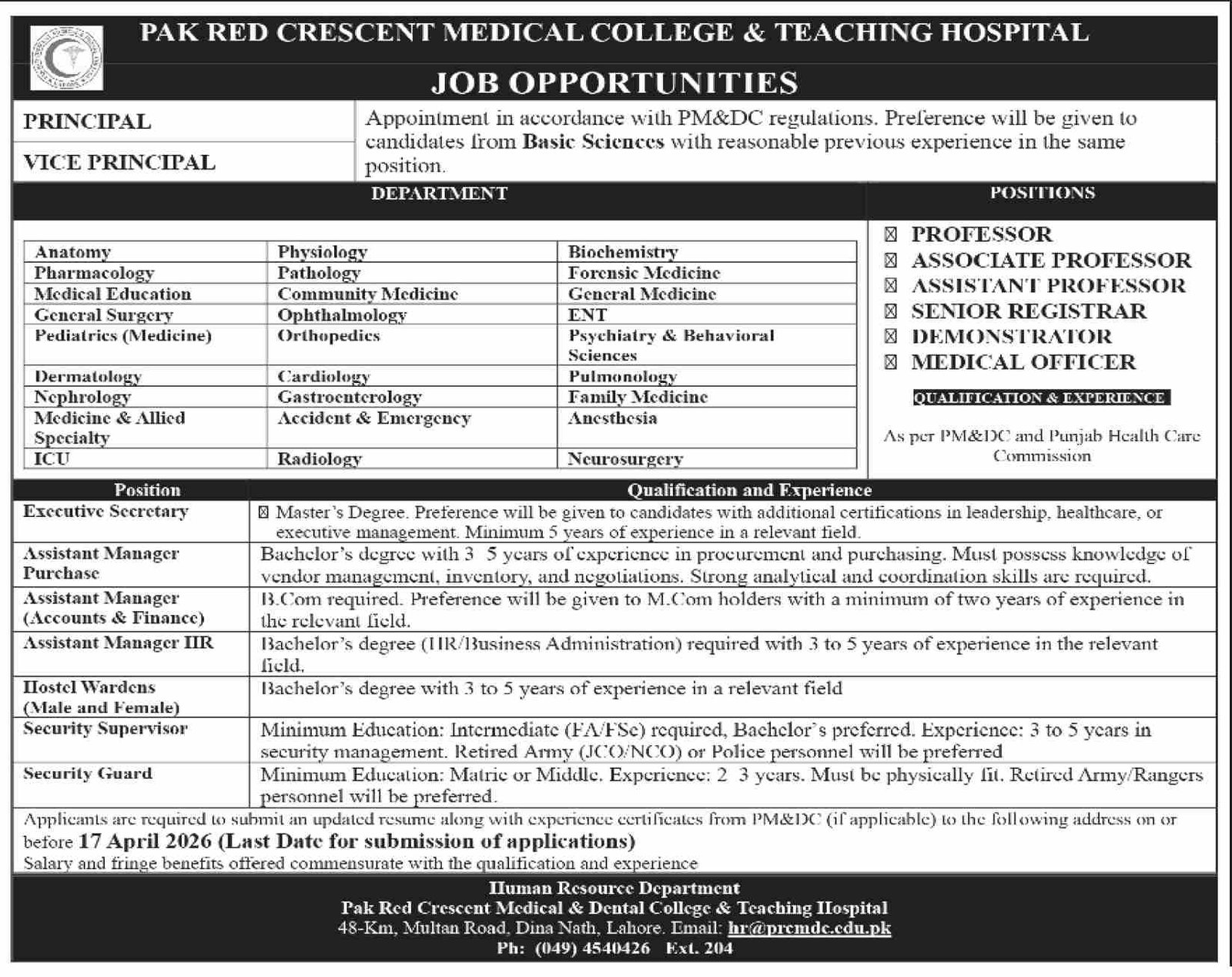 Pakistan Crescent Medical College & Teaching Hosptal Jobs – Pakistan Red Crescent Medical & Dental College Jobs 2026 — original advertisement