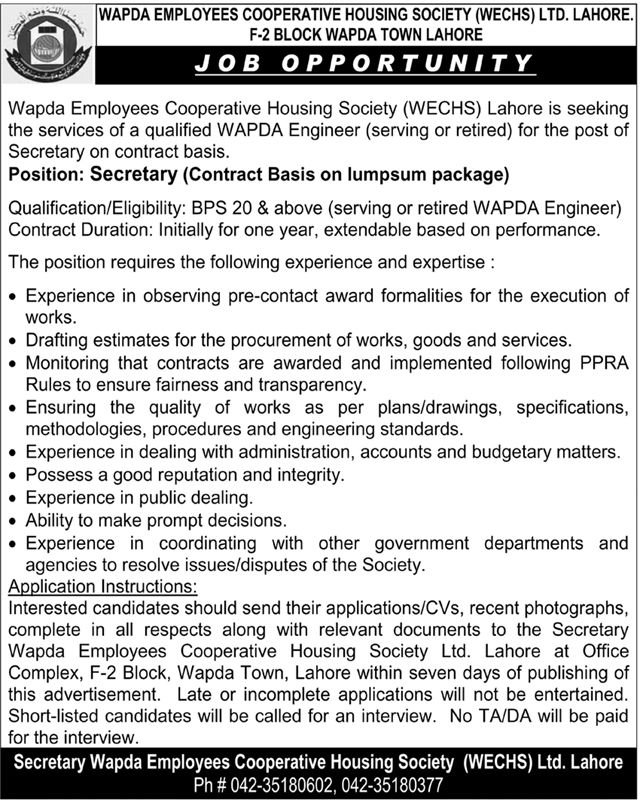 Wapda Employees Cooperative Housing Society Lahore Job 2026 – Water and Power Development Authority Jobs 2026 — original advertisement