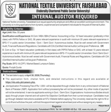 National Textile University NTU Jobs 2026 Internal Auditor – National Textile University Faisalabad | NTU Jobs 2026 — original advertisement