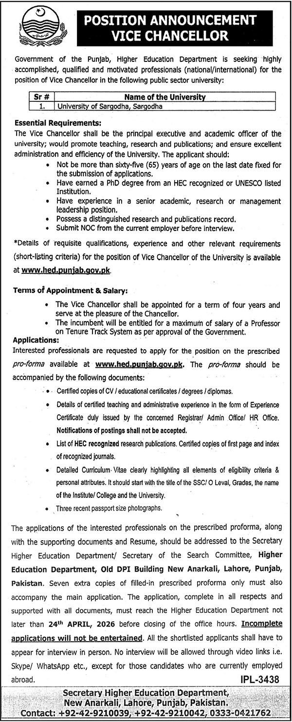Higher Education Sargodha Jobs 2026 – Higher Education Department Punjab Jobs 2026 — original advertisement