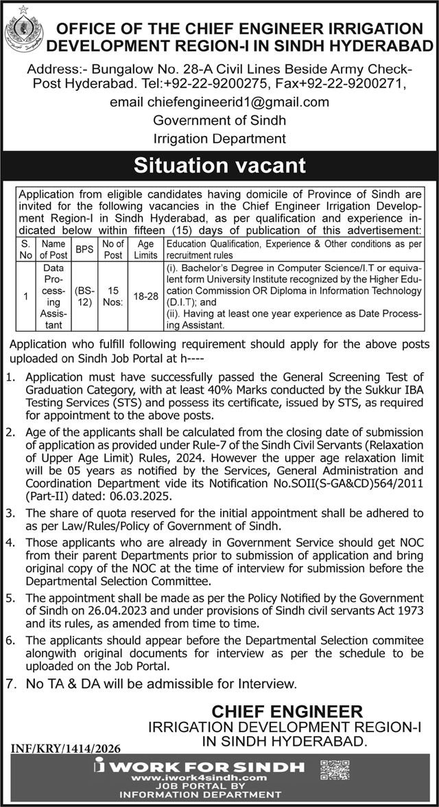 Irrigation Department Hyderabad Sindh Jobs 2026 – Irrigation Department Sindh Jobs 2026 — original advertisement