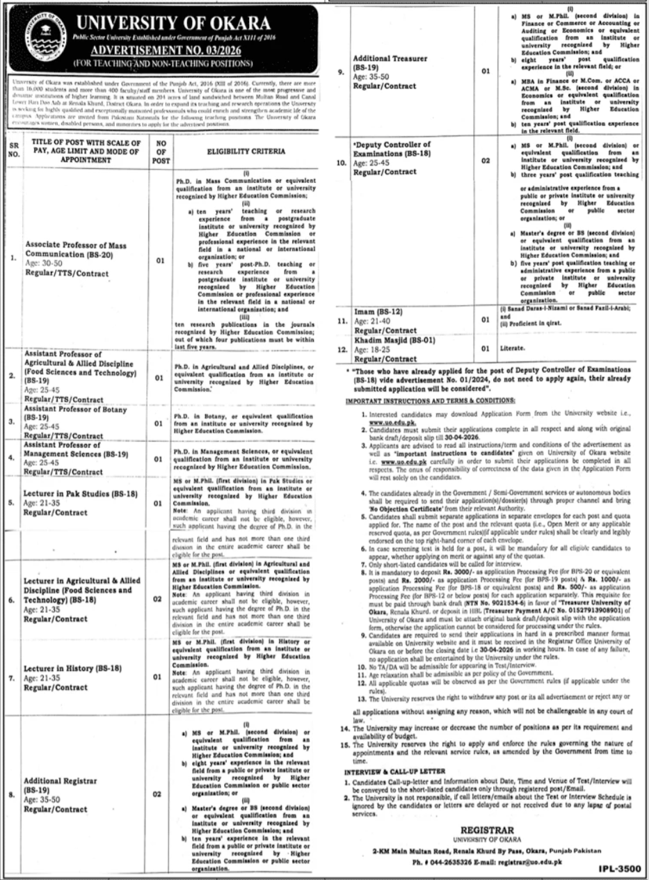 University Of Okara Punjab Jobs 2026 Jobs 2026 — original advertisement
