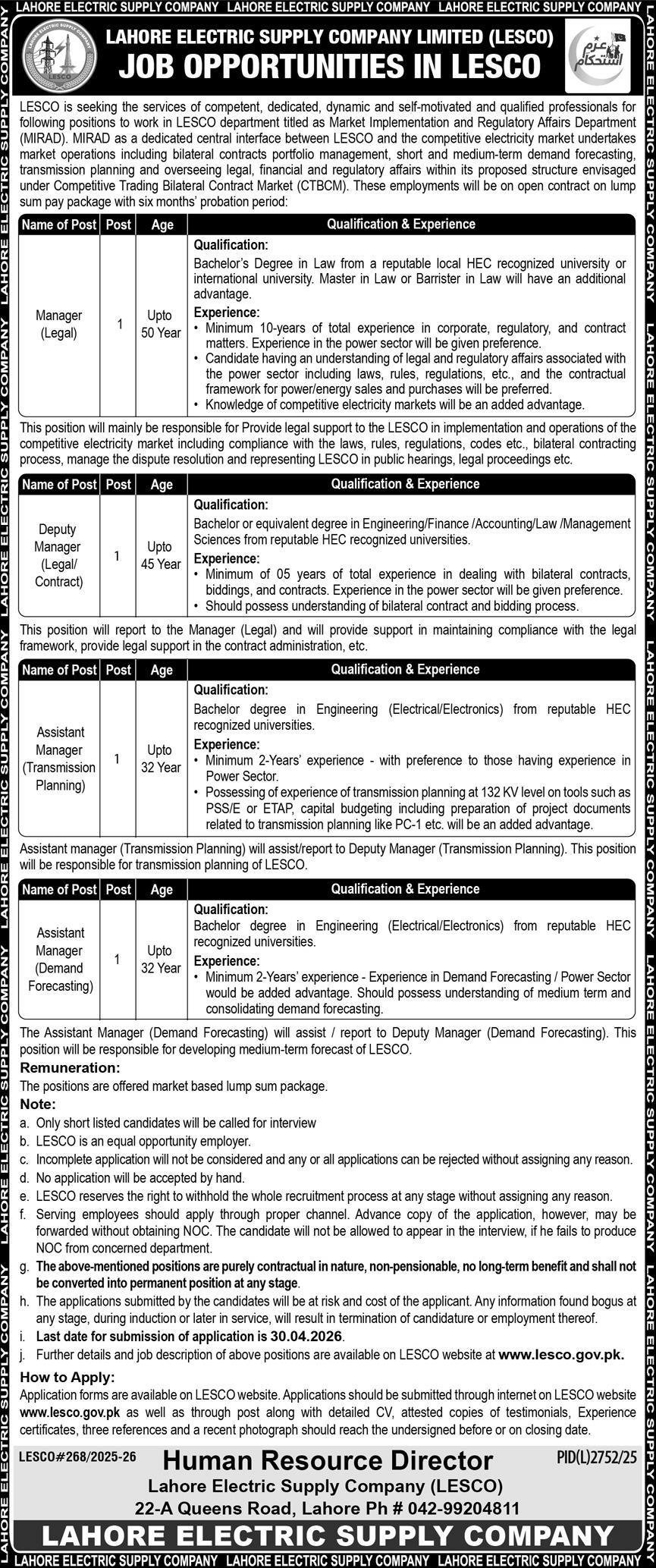 Lahore Electric Supply Company LESCO Jobs 2026 – Lahore Electric Supply Company LESCO Lahore Jobs 2026 — original advertisement