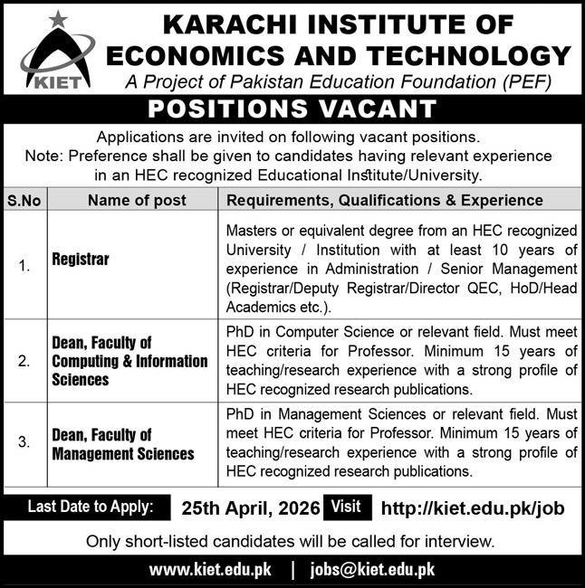 Karachi Institute of Economics & Technology Jobs 2026 – Karachi Institute of Economics and Technology KIET Jobs 2026 — original advertisement