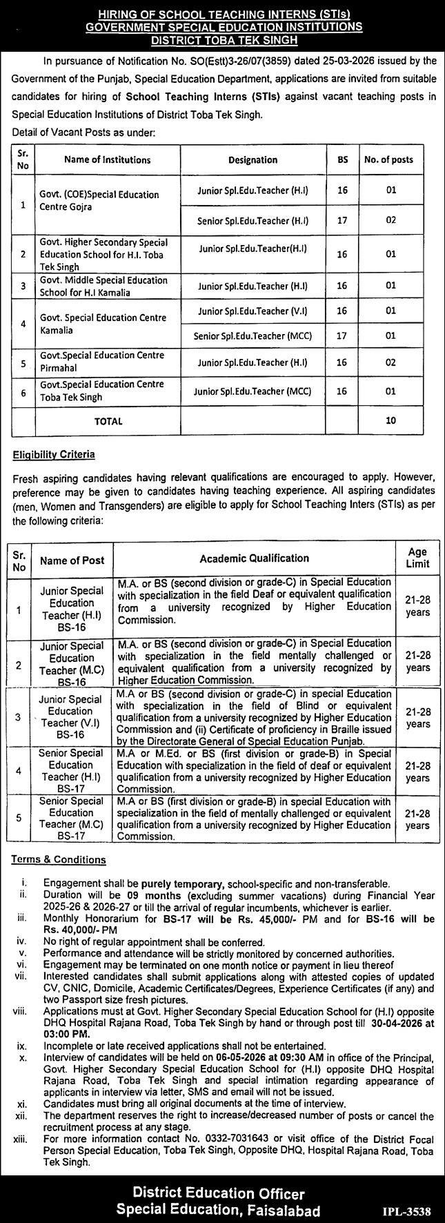 Special Education Department Faislabad Jobs 2026 – Special Education Department Punjab Jobs 2026 — original advertisement