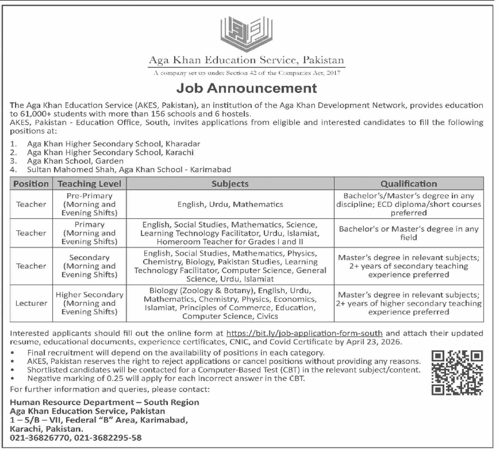 Aga Khan Education Service Pakistan Islamabad Jobs 2026 Jobs 2026 — original advertisement