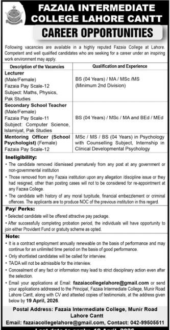 Fazaia Intermediate College Lahore Cantt Jobs 2026 – Fazaia Schools & Colleges Jobs 2026 — original advertisement