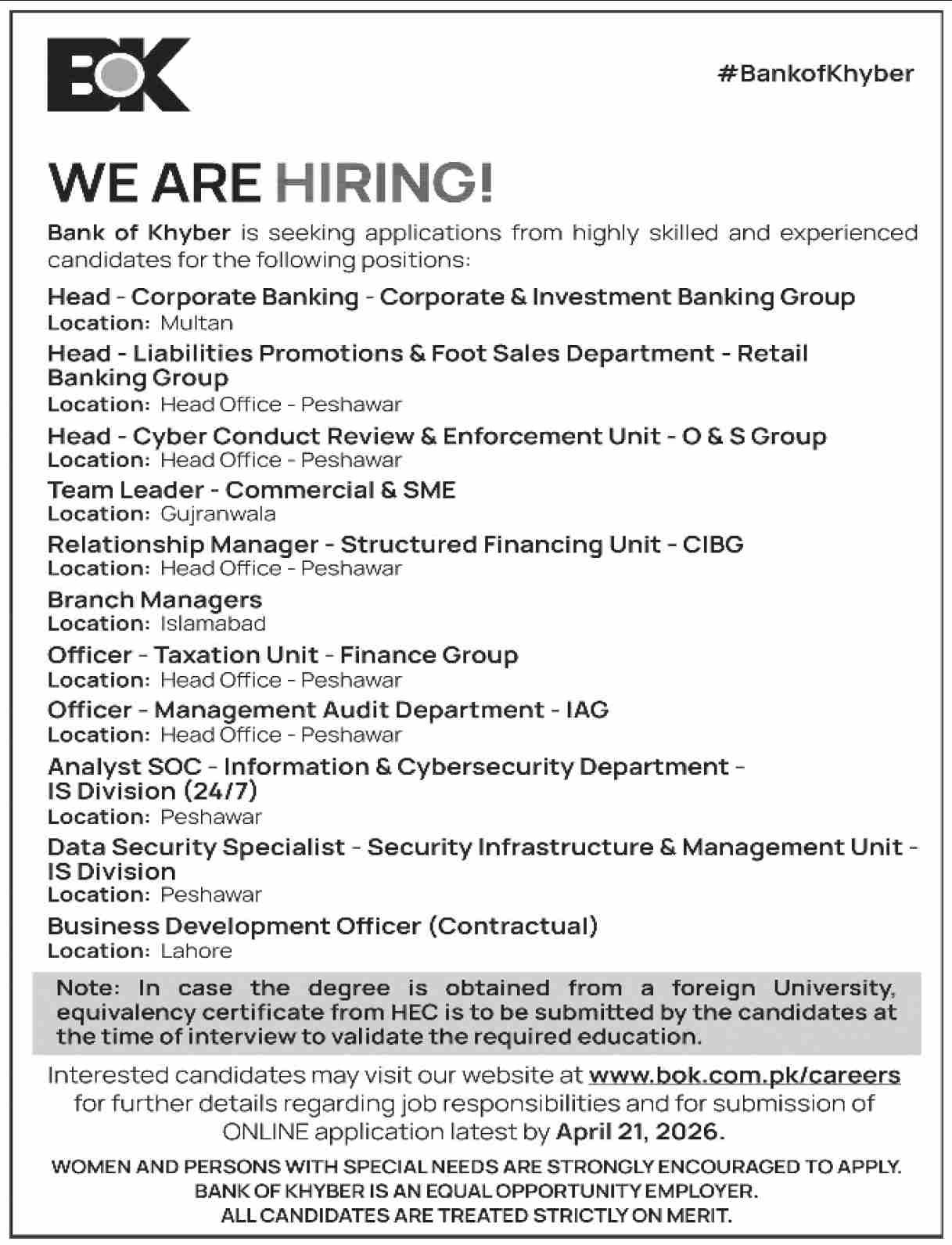 The Bank Of Khyber BOK Jobs 2026 Jobs 2026 — original advertisement