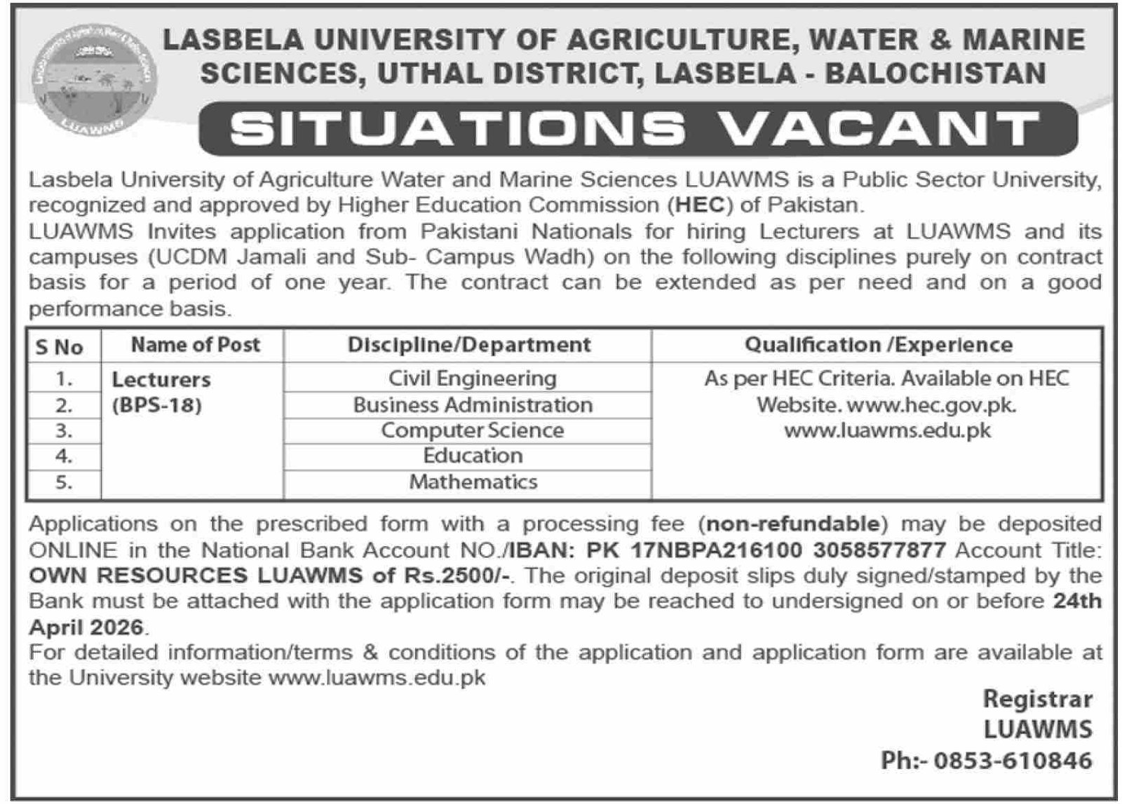 Lasbela University of Agriculture, Water & Marine Jobs 2026 – Lasbela University of Agriculture, Water & Marine Sciences (LUAWMS) Uthal Jobs 2026 — original advertisement