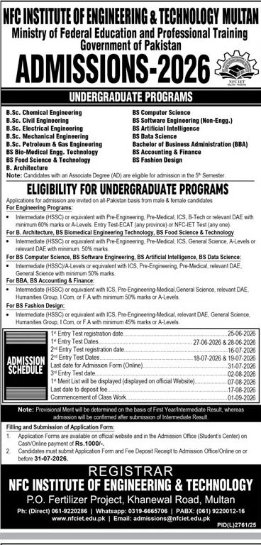 Admission Open in Nfc Institute of Engineering And Technolgy – NFC Institute of Engineering & Technology Multan Admissions 2026 — original advertisement