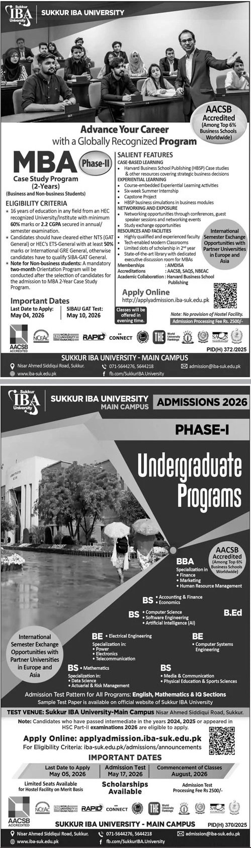 Admission Open in Sukkur Iba University Main Campus Admissions 2026 — original advertisement