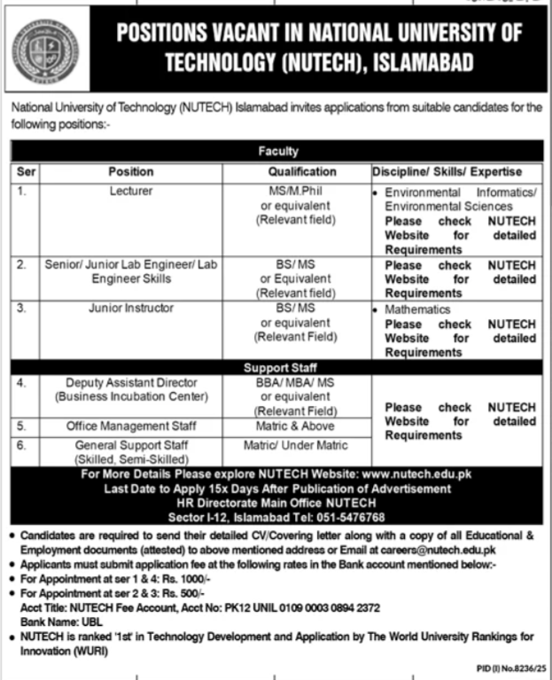 National University Of Technology NUTECH Islamabad Jobs 2026 Jobs 2026 — original advertisement