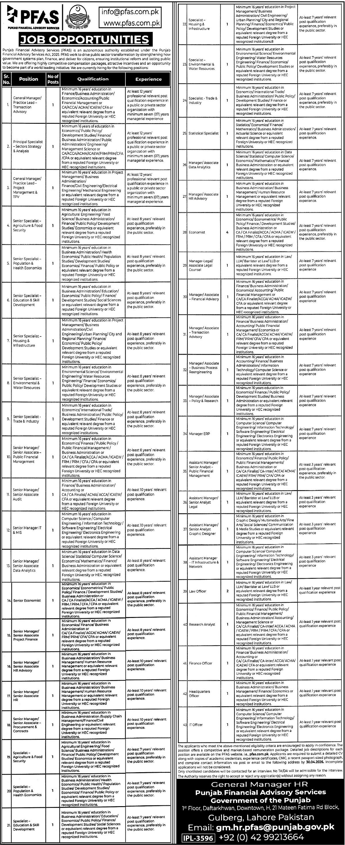 Punjab Financial Advisory Services PFAS Lahore Jobs – Punjab Forensic Science Agency PFSA Jobs 2026 — original advertisement