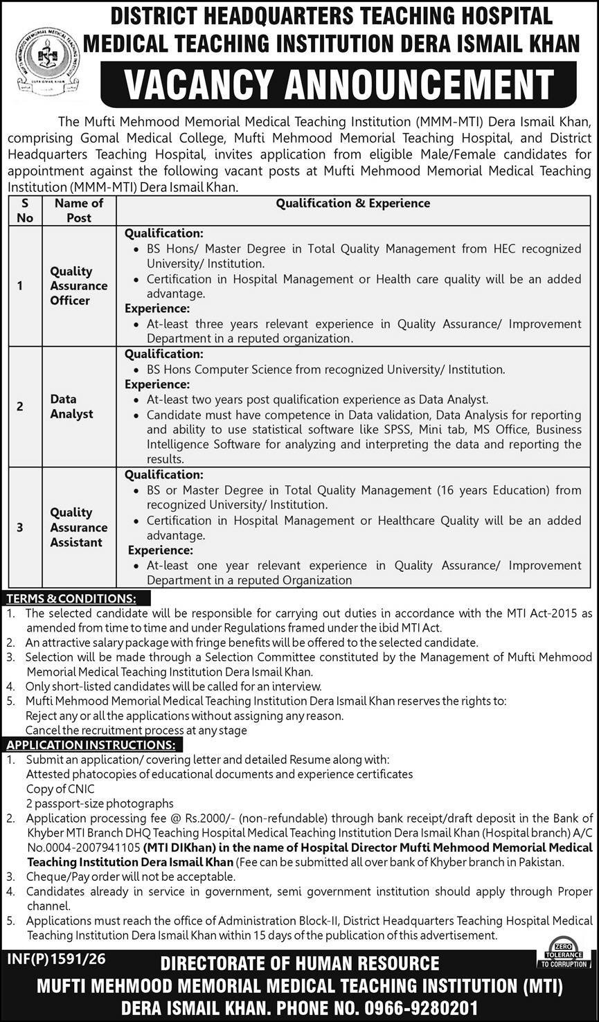 District Headquarter Teaching Hospital DHQ DI Khan Jobs 2026 – DHQ Teaching Hospital MTI Dera Ismail Khan Jobs 2026 — original advertisement