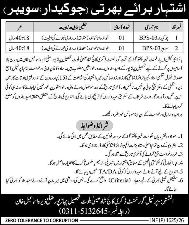 Government Degree College Shah Essa Bilot Paharpur Jobs 2026 – Federal Government Department Jobs 2026 — original advertisement