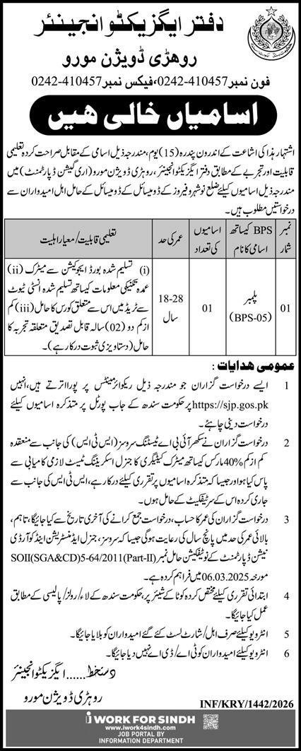 Irrigation Department Rohri Division Moro Jobs 2026 – Irrigation Department Sindh Jobs 2026 — original advertisement